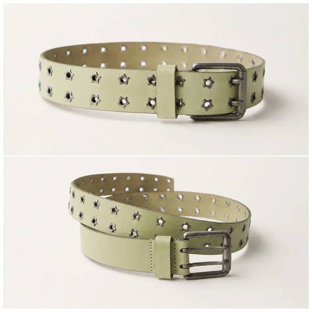 Free People Virgo Leather Belt XL Matcha Green Star Grommet Studded NWT